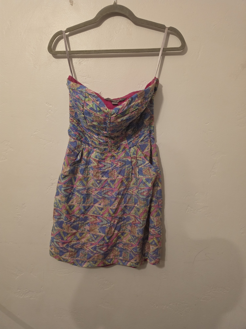 charlie jade Strapless Multicolor Geometric Dress with Pink Trim